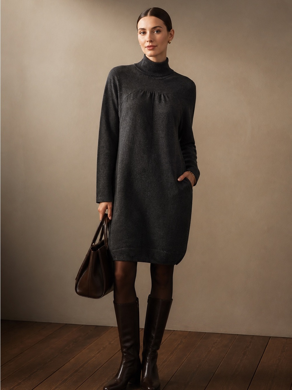 The Limited Charcoal Gray Turtleneck Midi Dress in Rayon/Nylon Blend, very soft